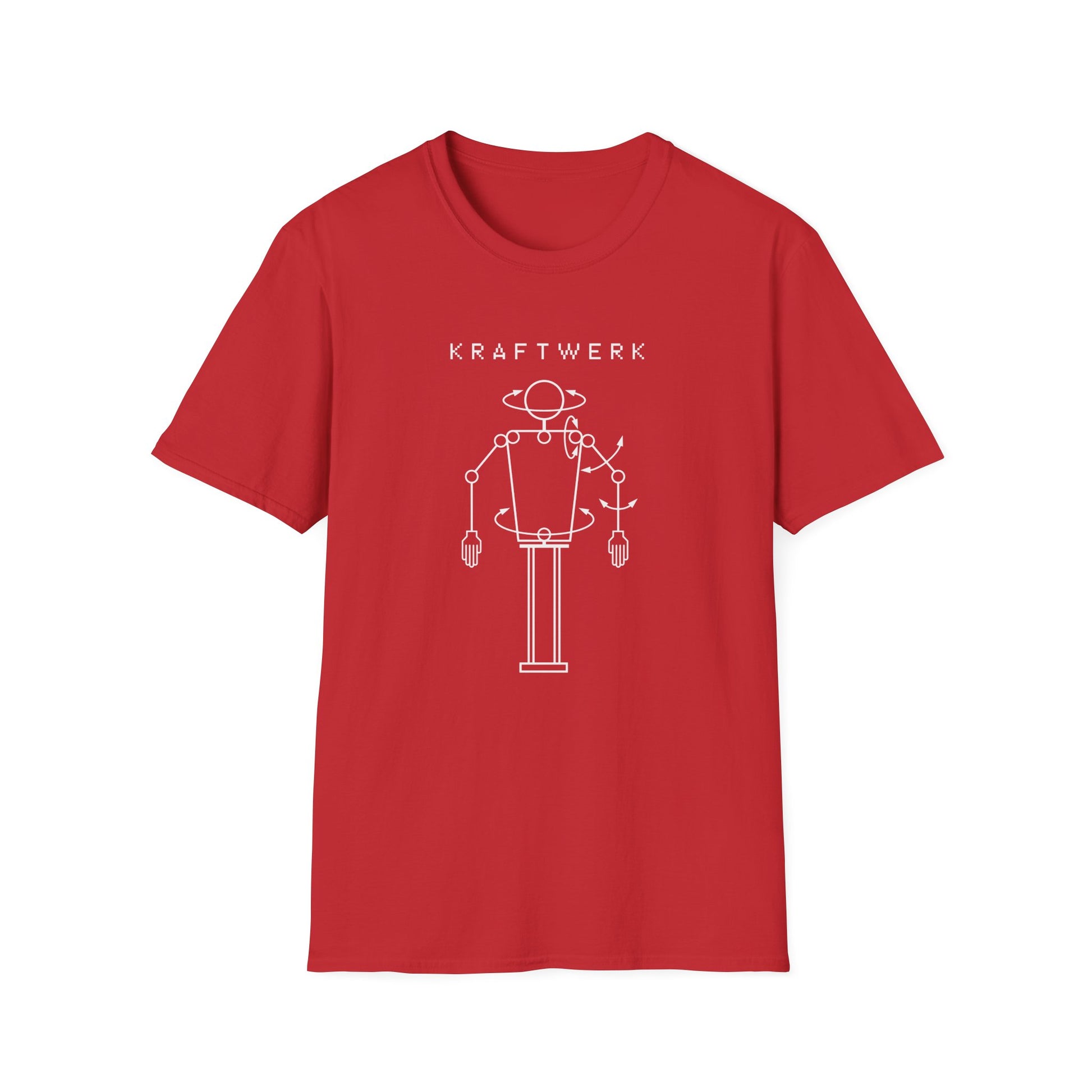 Red t-shirt with white logo and circuit robot graphic.