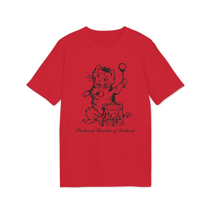 Red t-shirt with black line drawing of a cat playing a drum with text "Postcard Records of Scotland".