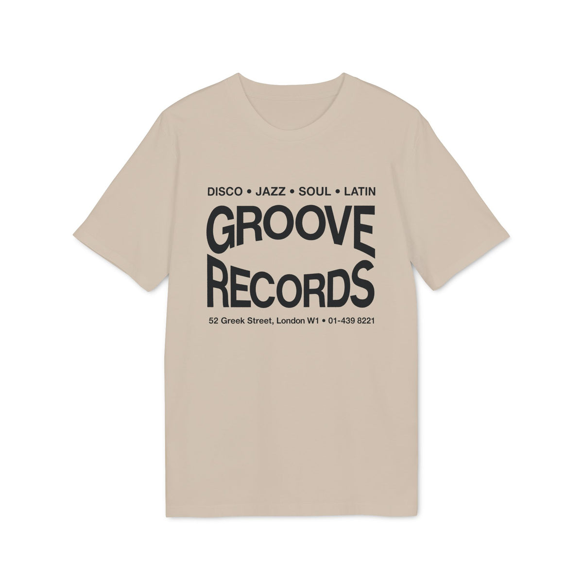 A beige short-sleeved t-shirt with black text that reads "Groove Records" and London store details.