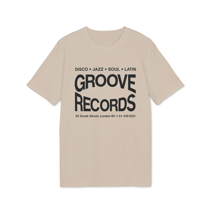 A beige short-sleeved t-shirt with black text that reads "Groove Records" and London store details.
