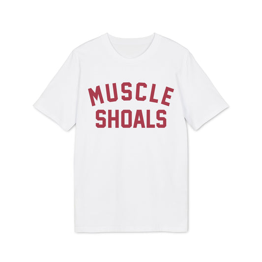 White t-shirt with "MUSCLE SHOALS" printed in distressed red collegiate lettering.