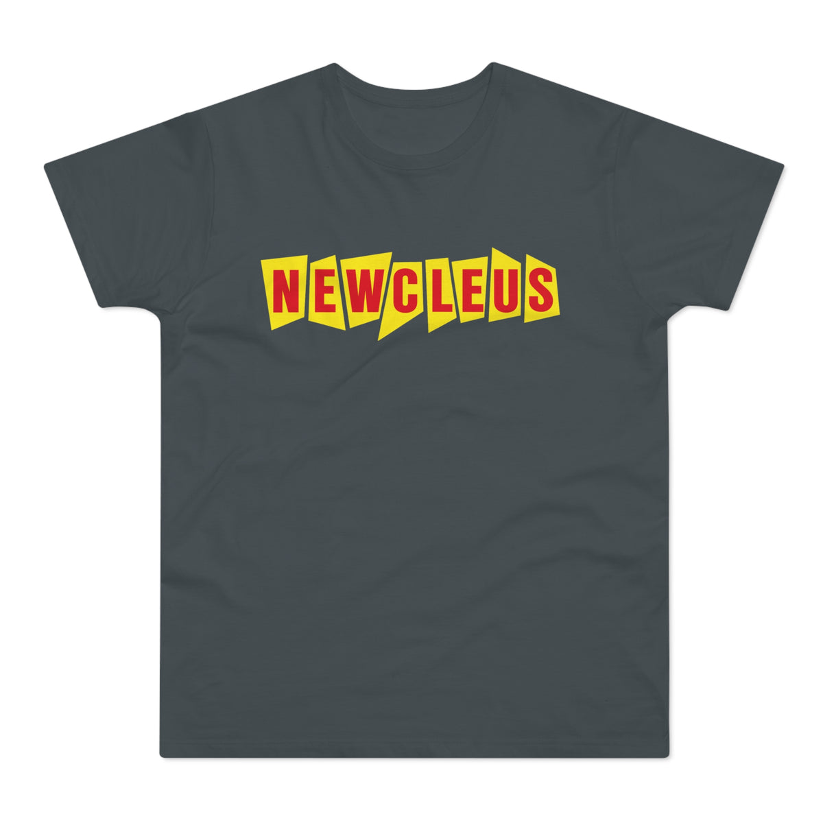 Dark grey t-shirt with yellow rectangular block text reading "NEWCLEUS".