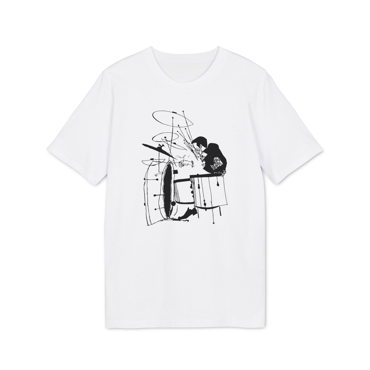 White t-shirt featuring a black line drawing of a drummer playing a drum set.