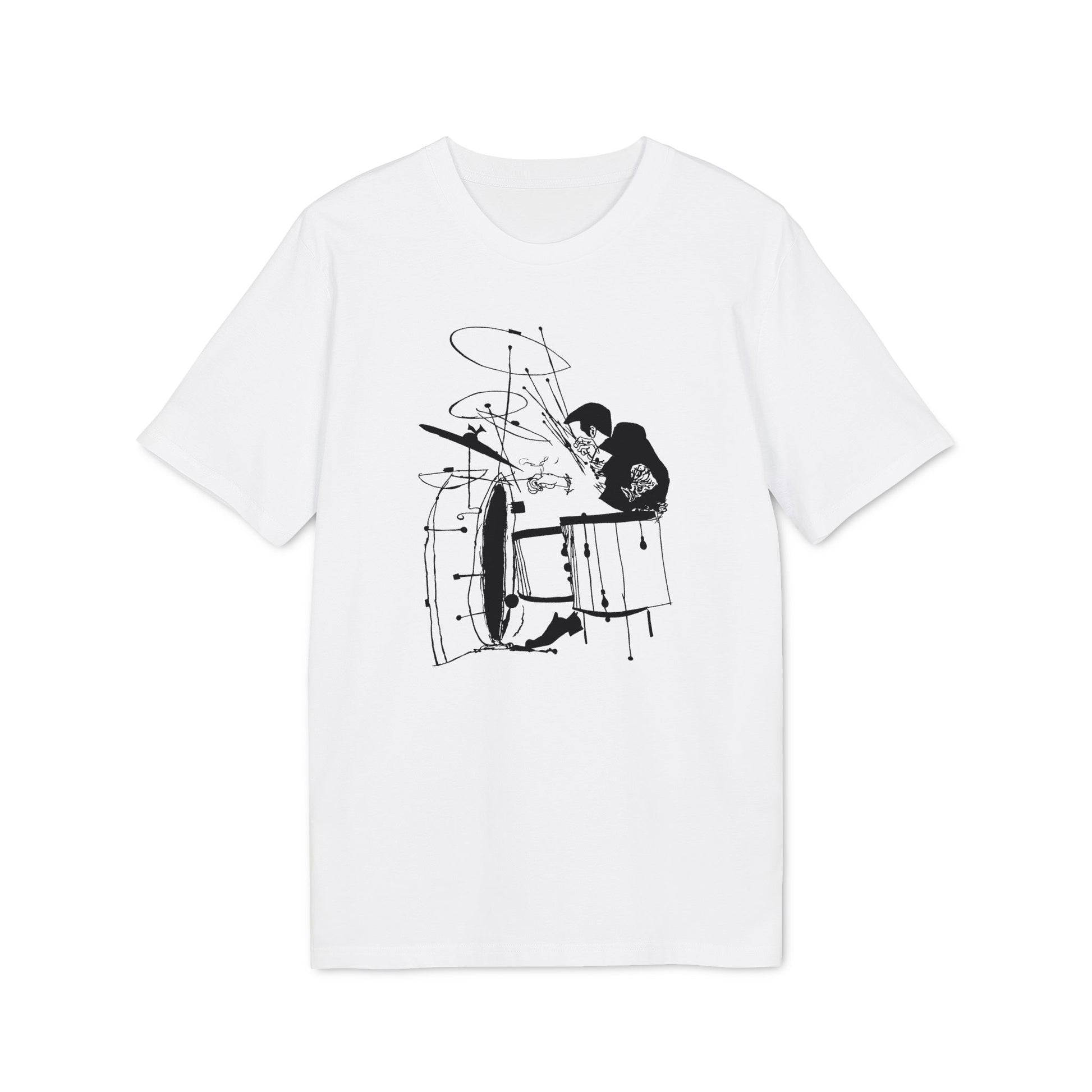 White t-shirt featuring a black line drawing of a drummer playing a drum set.