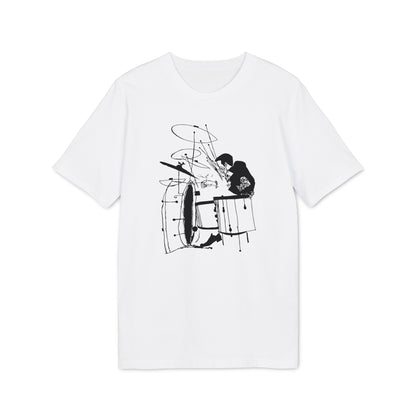 White t-shirt featuring a black line drawing of a drummer playing a drum set.