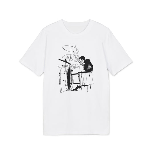 White t-shirt featuring a black line drawing of a drummer playing a drum set.