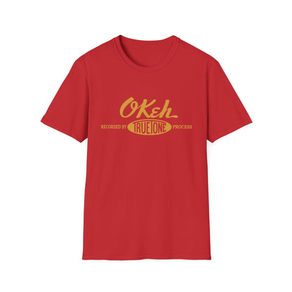 Red t-shirt with yellow "Okeh Recorded by TrueTone Process" text.
