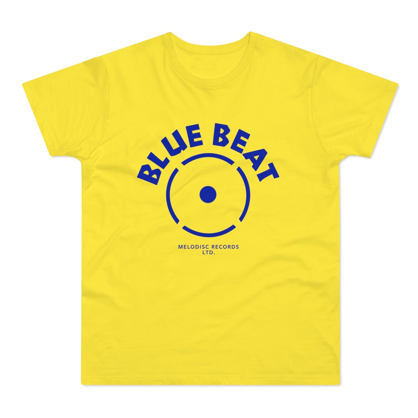 Yellow t-shirt with blue "BLUE BEAT" text and record label logo.