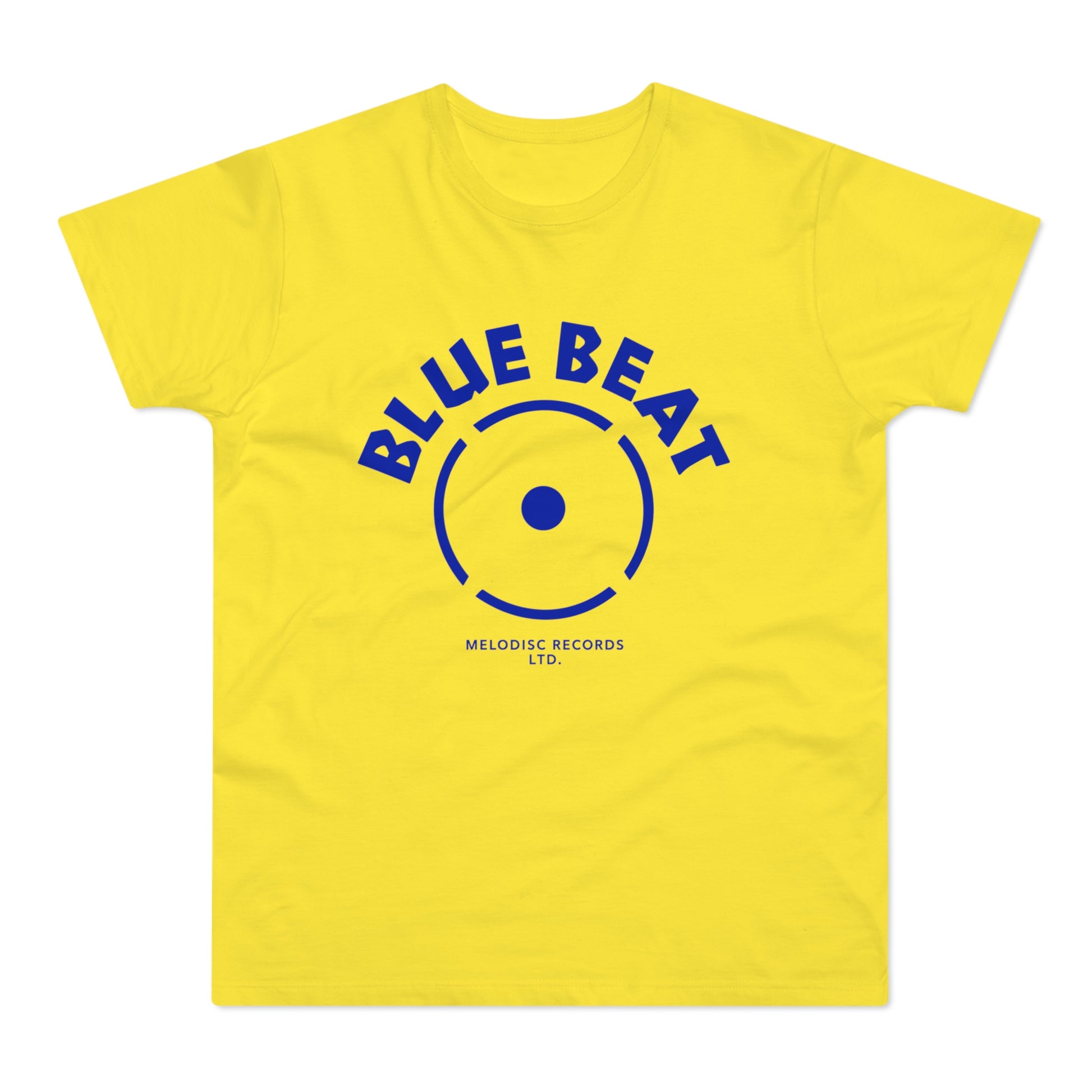 Yellow t-shirt with blue "BLUE BEAT" text and record label logo.