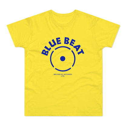 Yellow t-shirt with blue "BLUE BEAT" text and record label logo.