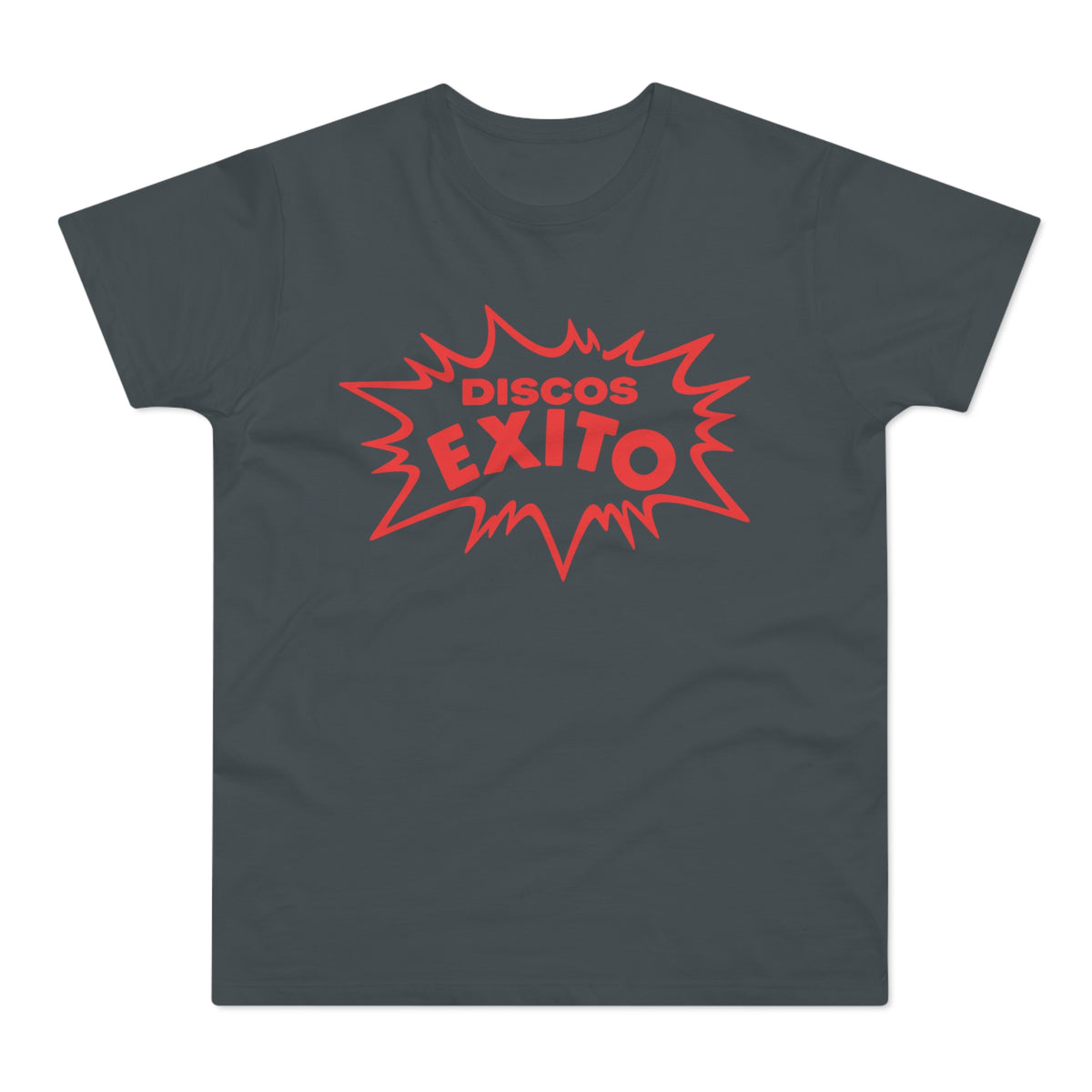 Dark grey t-shirt with red "DISCOS EXITO" text in a burst graphic.