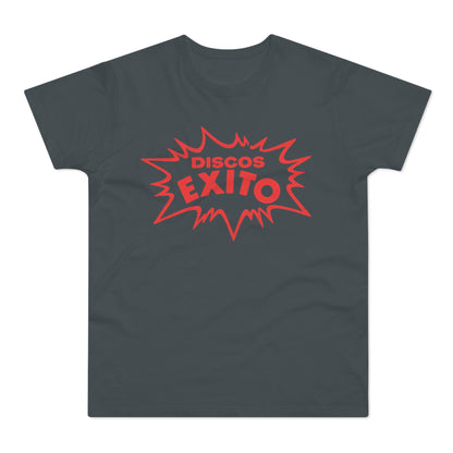 Dark grey t-shirt with red "DISCOS EXITO" text in a burst graphic.