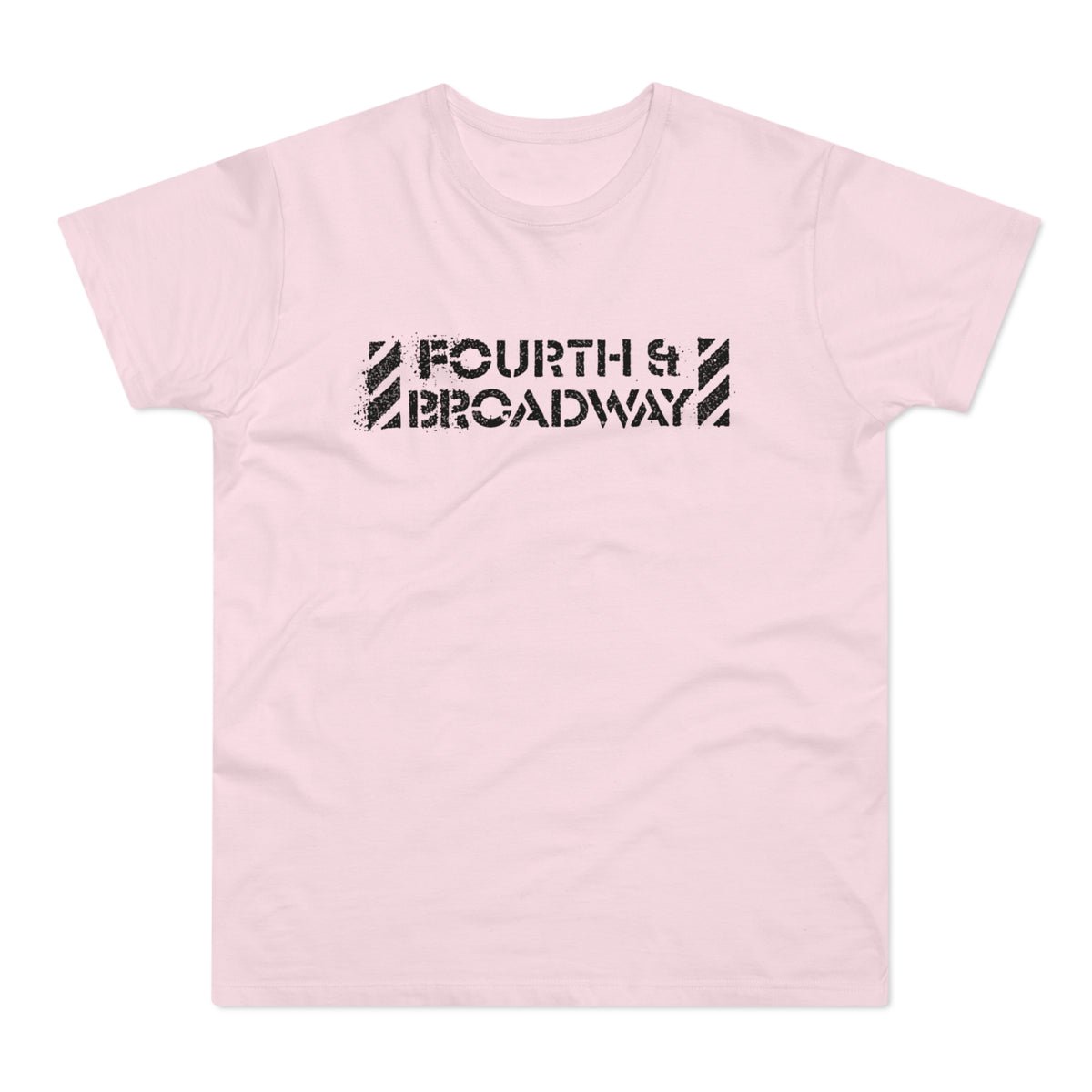 Pink t-shirt with distressed black "FOURTH & BROADWAY" text graphic.