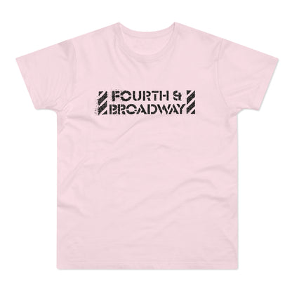 Pink t-shirt with distressed black "FOURTH & BROADWAY" text graphic.