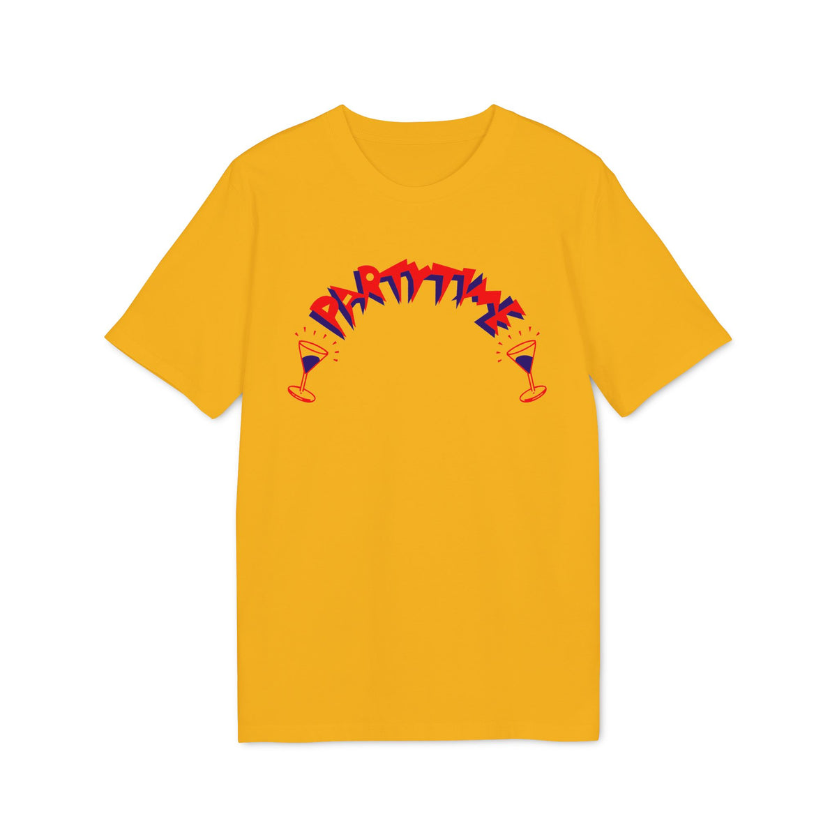 A yellow short-sleeve t-shirt with red and blue "PARTY TIME" text and cocktail glasses graphic.
