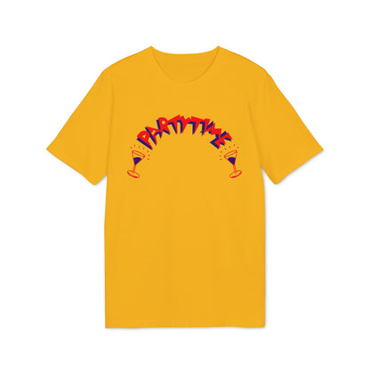 A yellow short-sleeve t-shirt with red and blue "PARTY TIME" text and cocktail glasses graphic.
