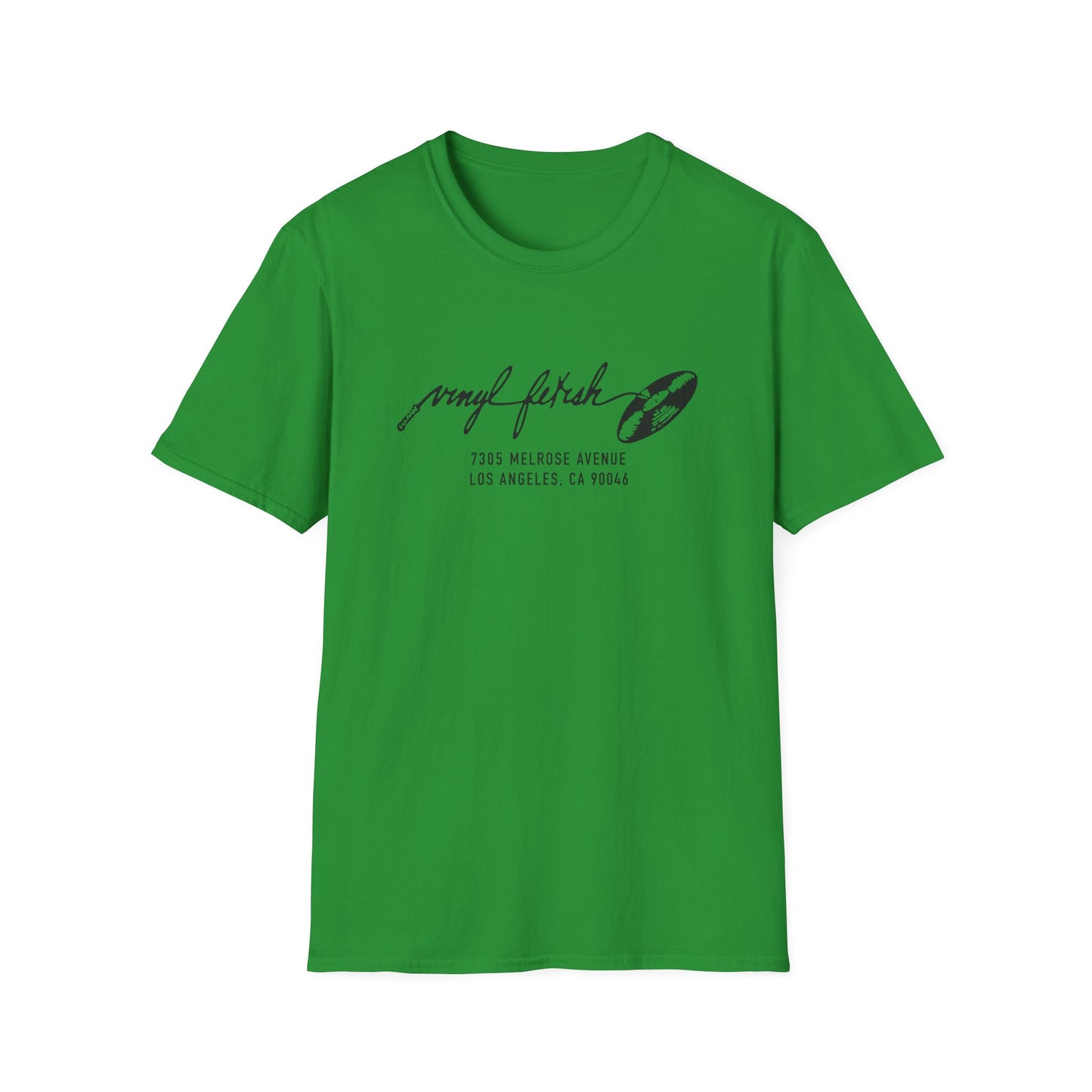 Green t-shirt with "Vinyl Fetish" and address, featuring a vinyl record graphic.