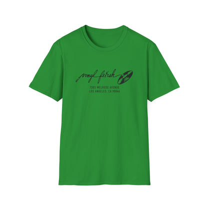 Green t-shirt with "Vinyl Fetish" and address, featuring a vinyl record graphic.