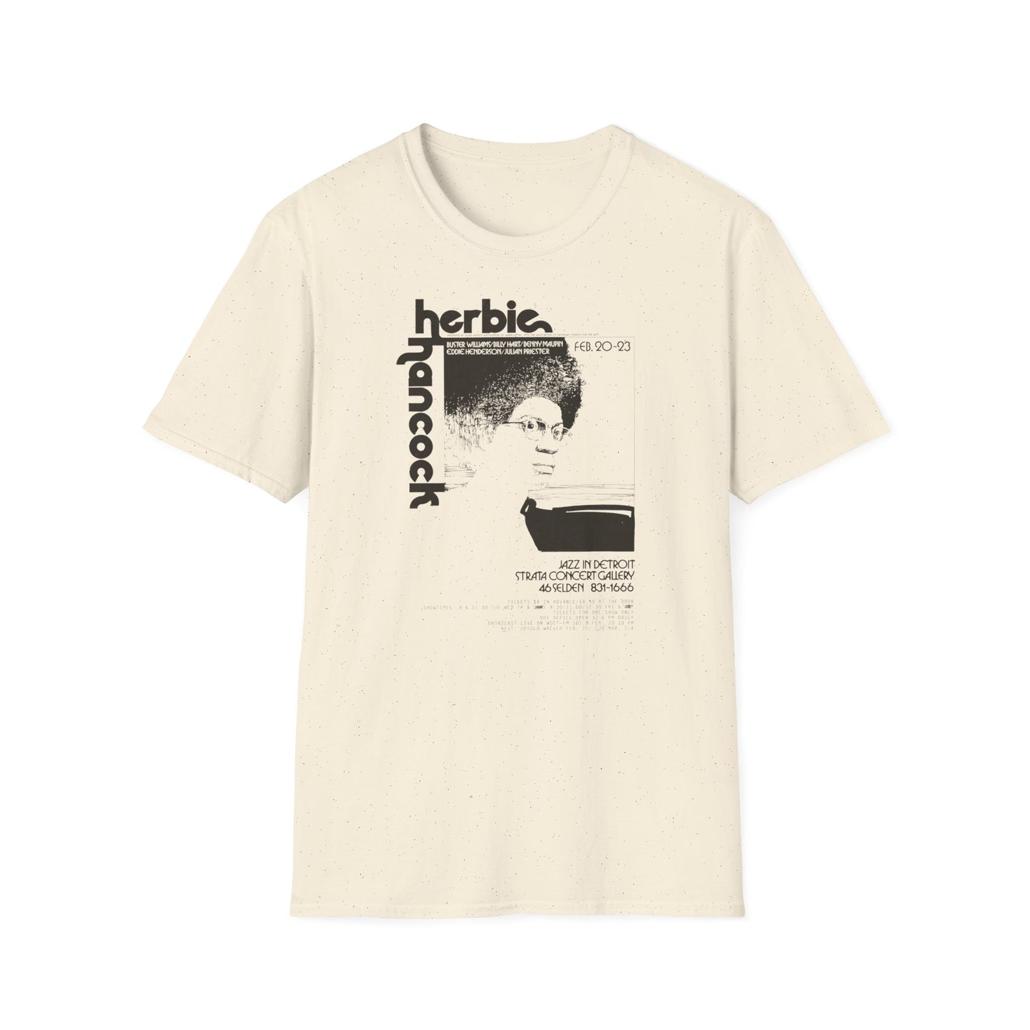 Cream t-shirt with black Herbie Hancock jazz concert poster print.