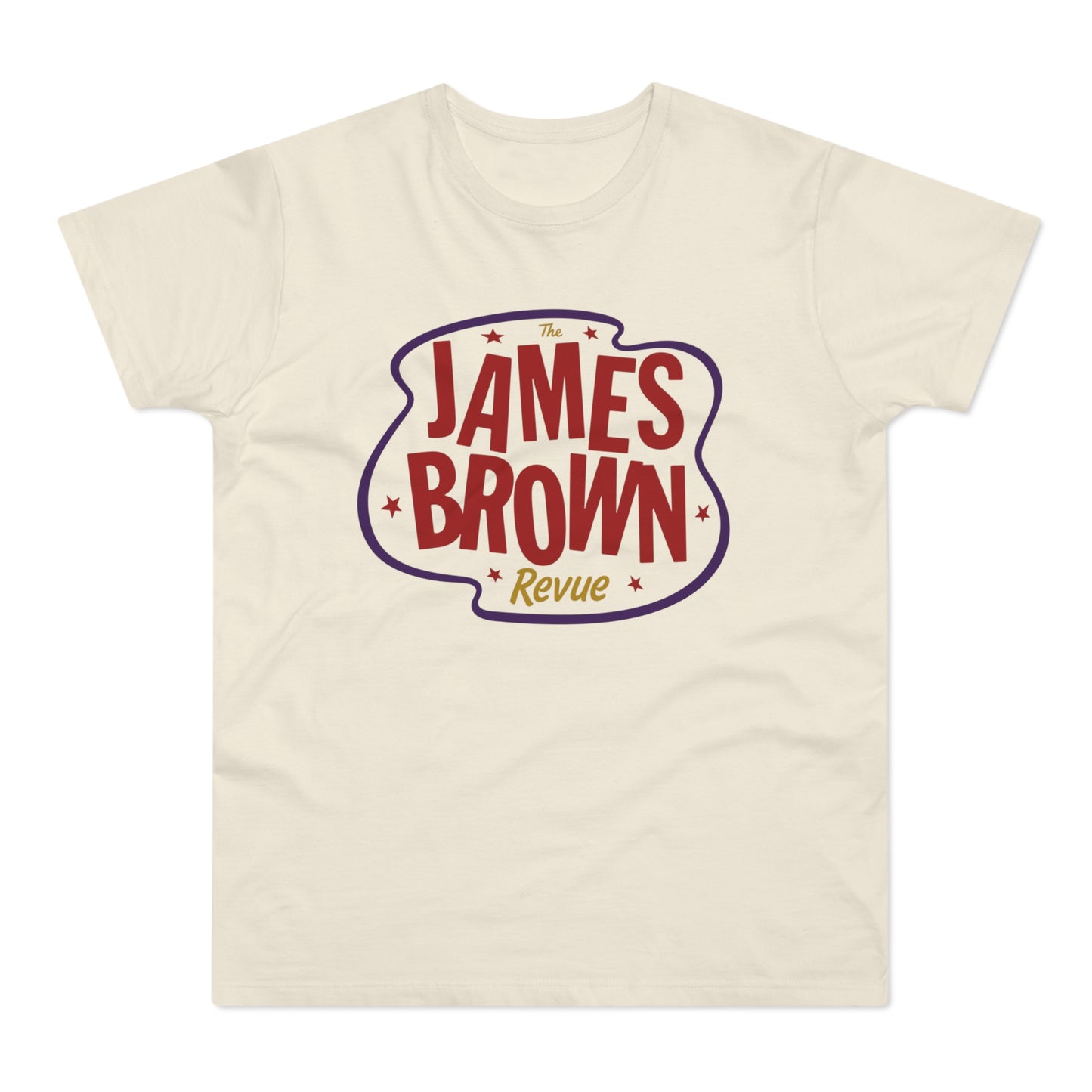 Cream t-shirt with red "James Brown Revue" text within a purple outline.