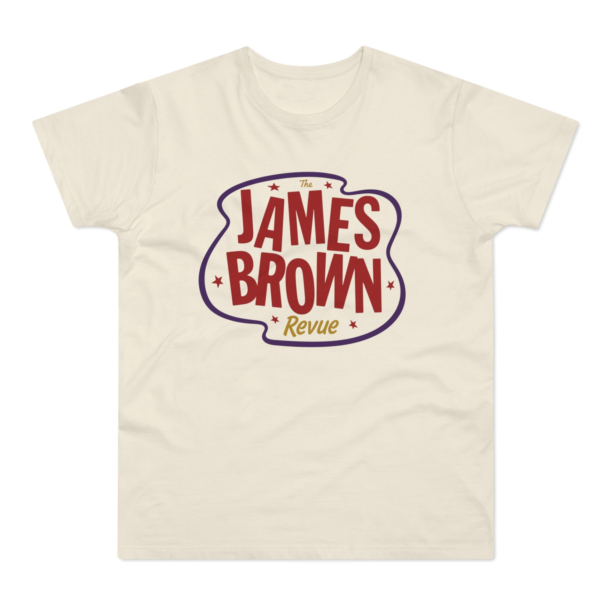 Cream t-shirt with red "James Brown Revue" text within a purple outline.