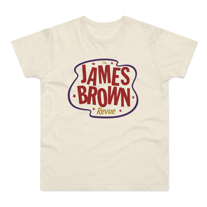 Cream t-shirt with red "James Brown Revue" text within a purple outline.