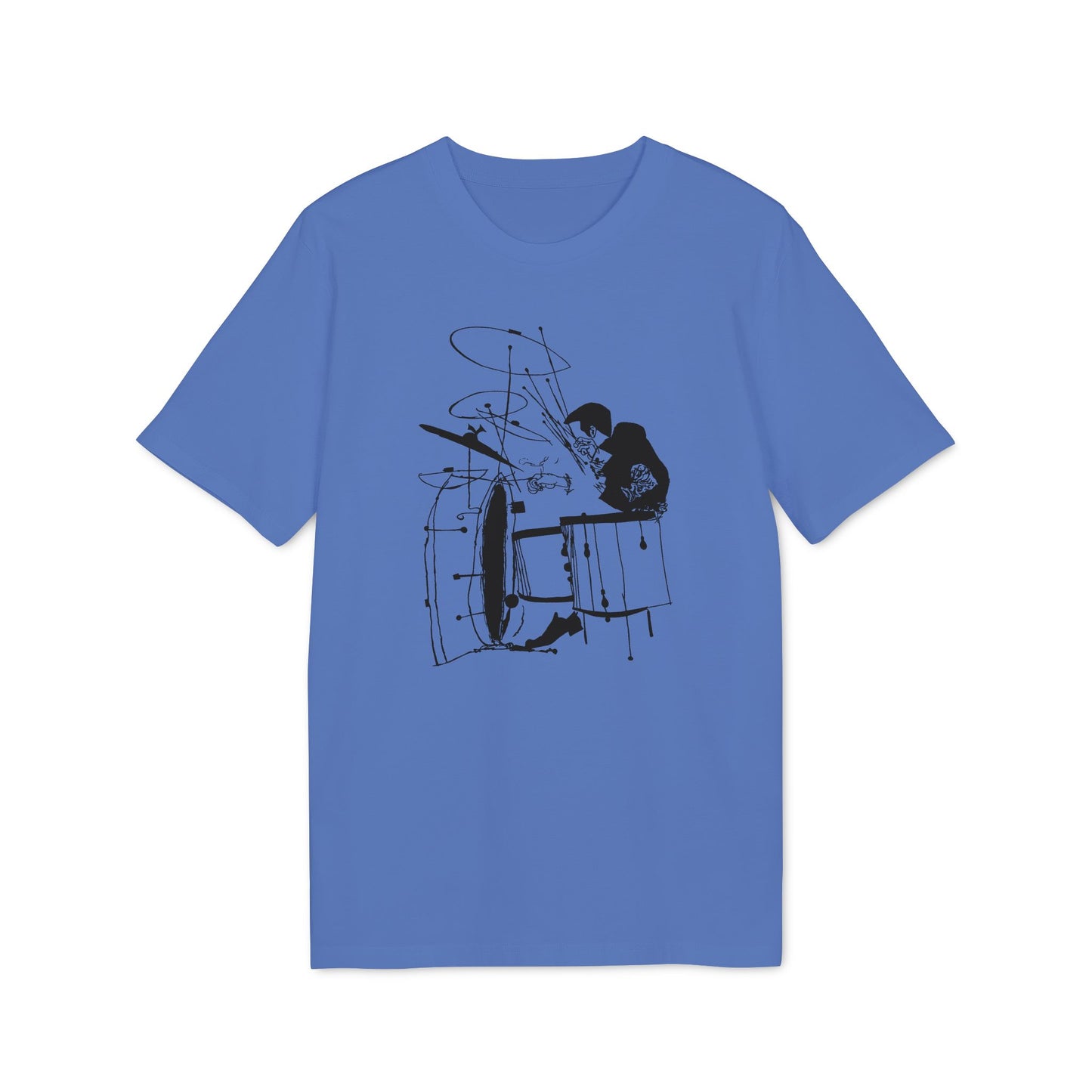 T-shirt with a black line drawing of a drummer playing a drum set.