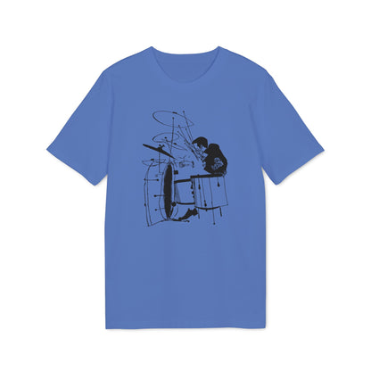 T-shirt with a black line drawing of a drummer playing a drum set.