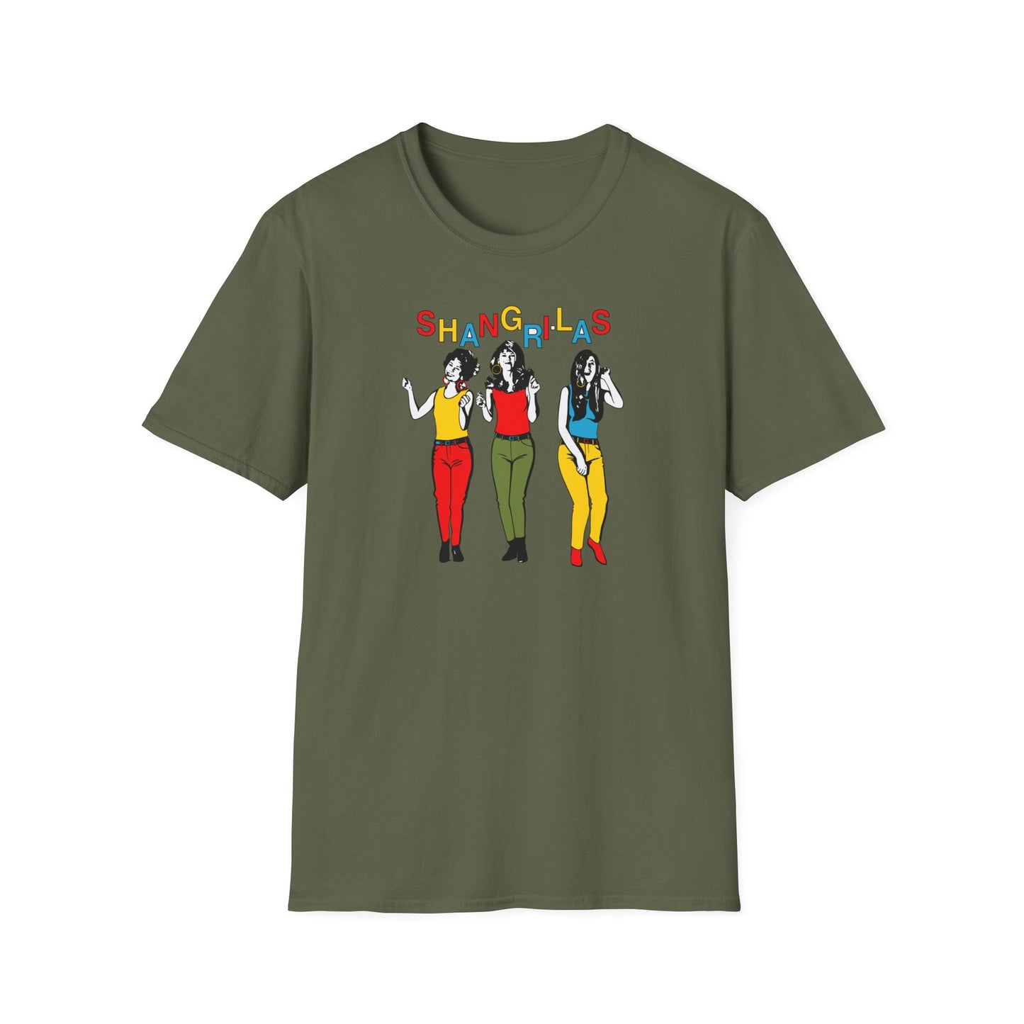 Green t-shirt with colorful "Shangri-Las" text and illustration of three women.