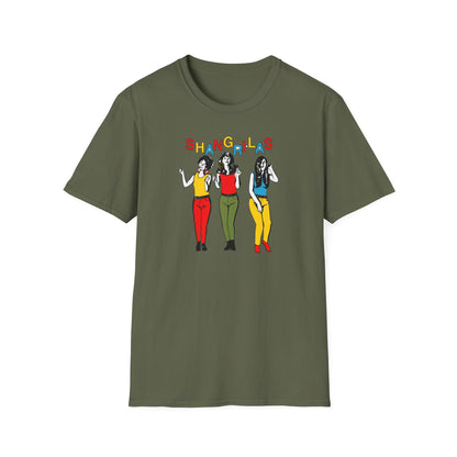 Green t-shirt with colorful "Shangri-Las" text and illustration of three women.