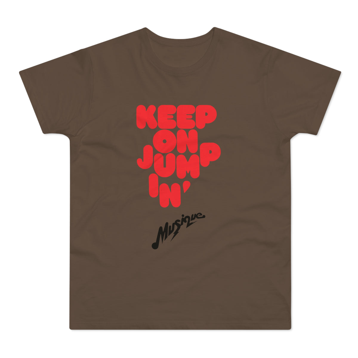 Brown t-shirt with red text reading "KEEP ON JUMPIN'" and black text "Musique".