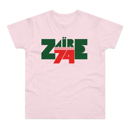Pink t-shirt with bold green "ZAÏRE" and red "74" graphic.
