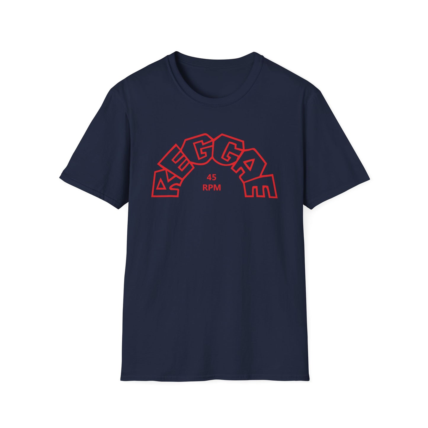 Navy t-shirt with red outlined "REGGAE" text and "45 RPM" below.