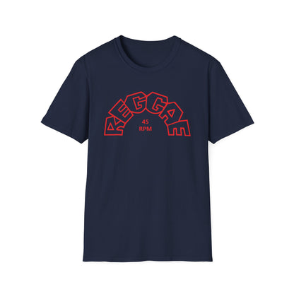 Navy t-shirt with red outlined "REGGAE" text and "45 RPM" below.