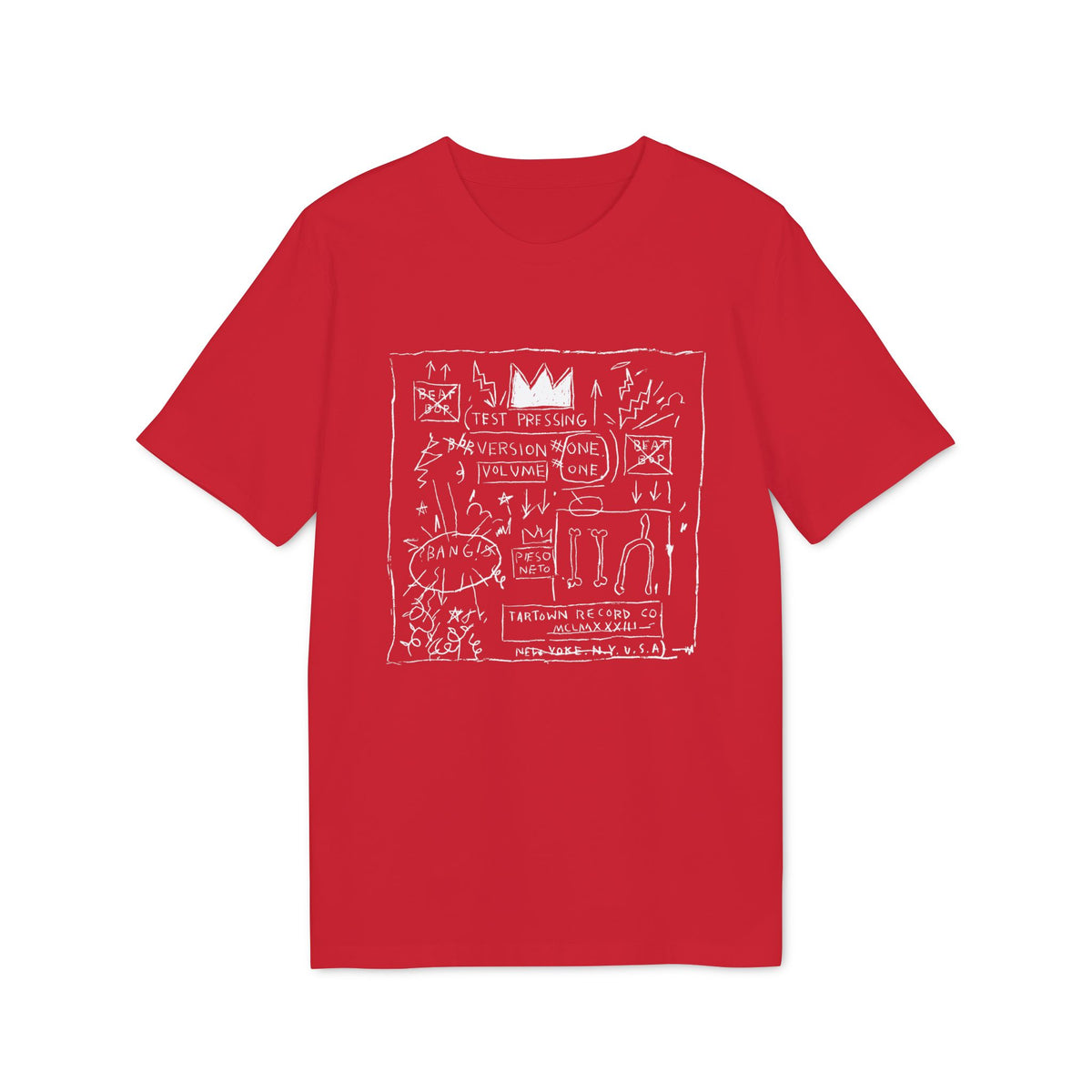 A red short-sleeved t-shirt featuring a white graphic print with abstract sketches, text, and a crown.