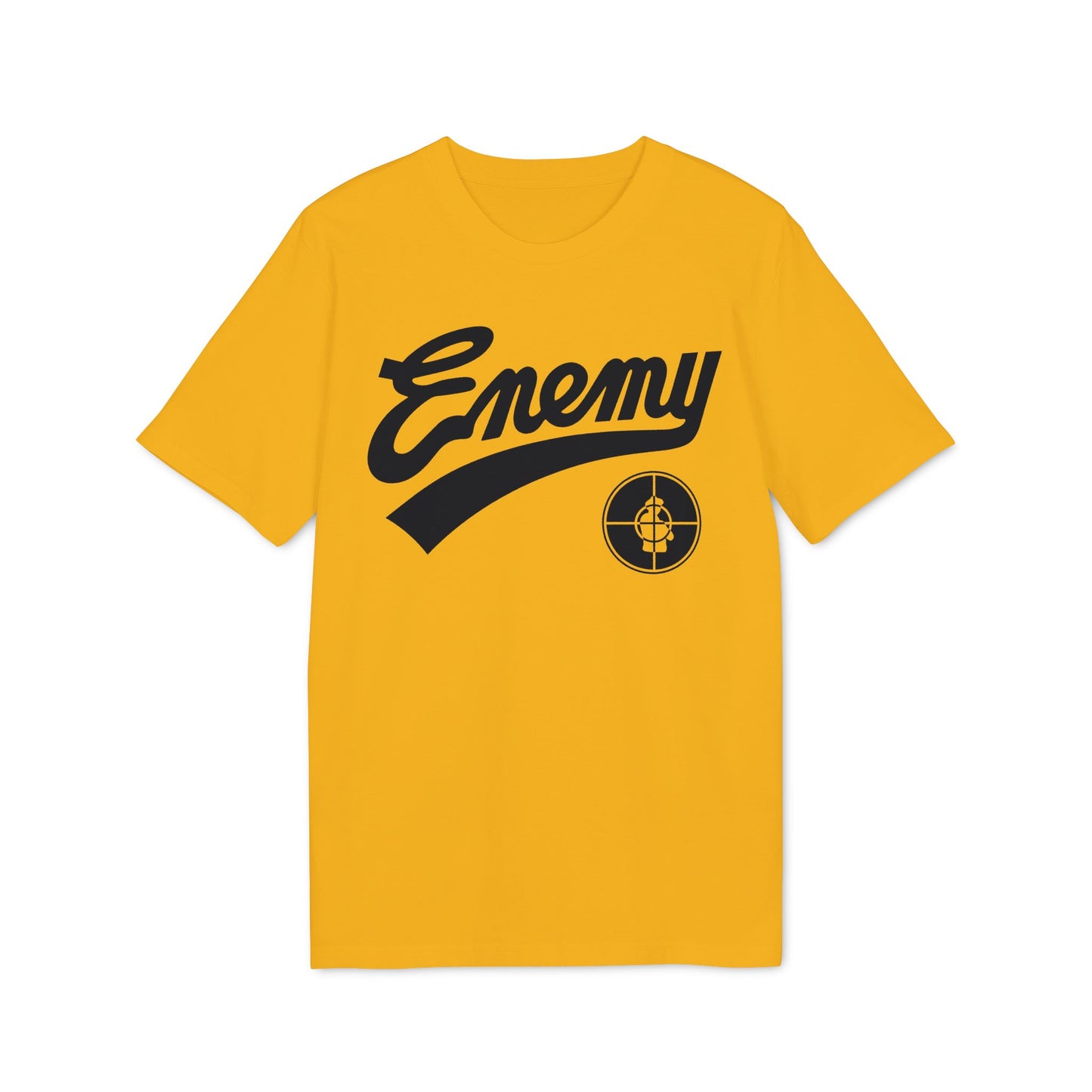 Yellow t-shirt with black "Enemy" logo and a crosshair target.