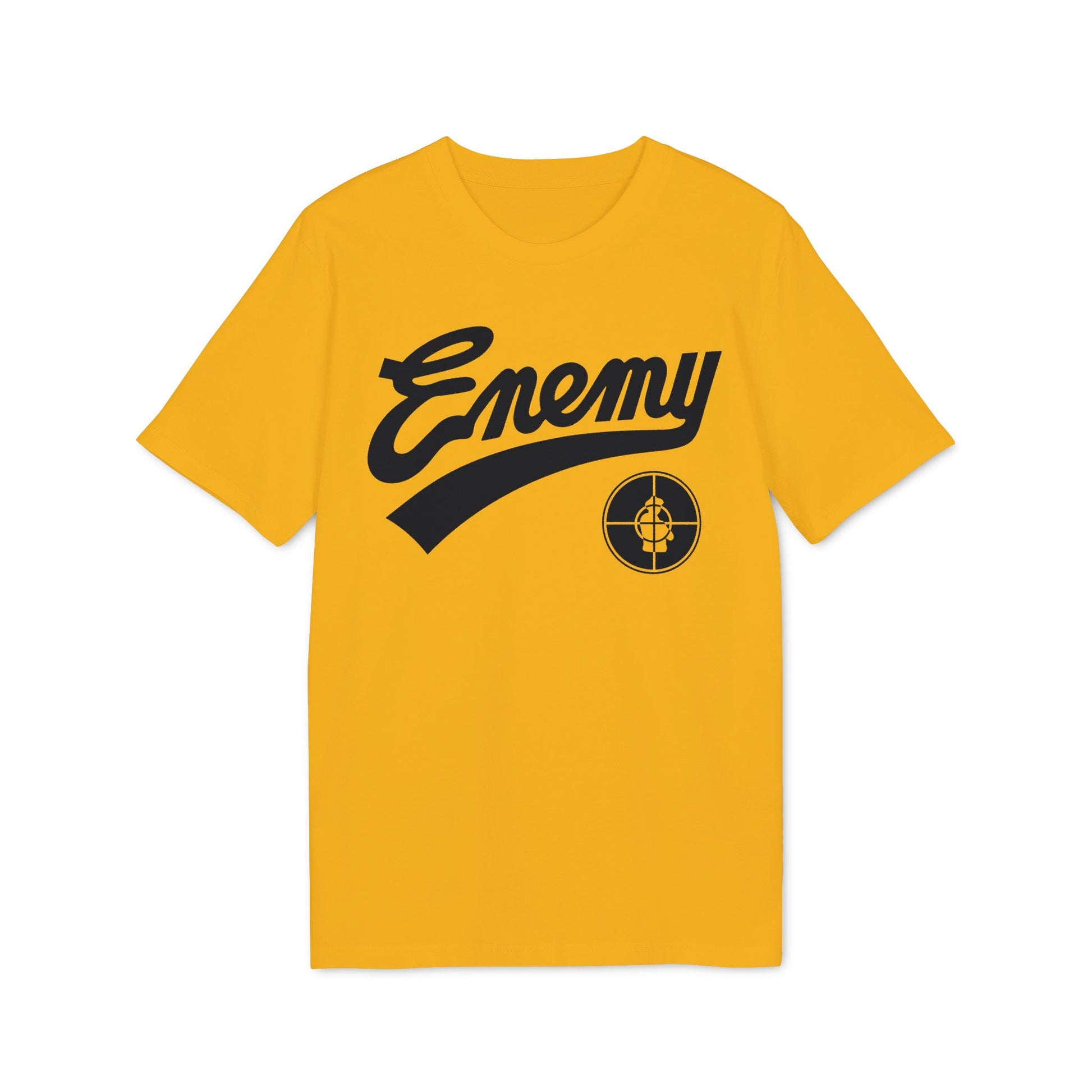 Yellow t-shirt with black "Enemy" logo and a crosshair target.