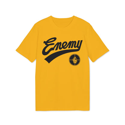 Yellow t-shirt with black "Enemy" logo and a crosshair target.