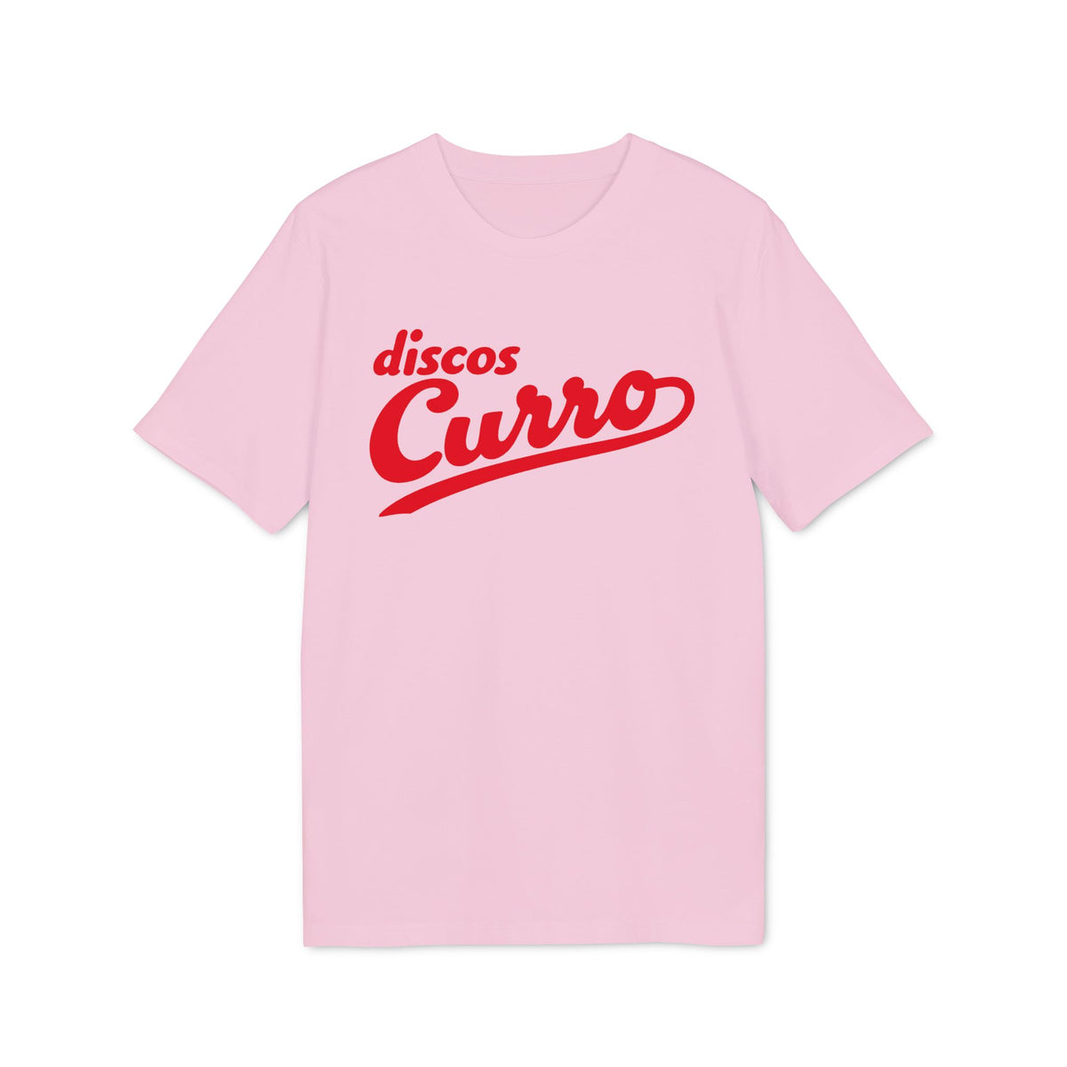 A light pink short-sleeved t-shirt features red cursive text reading "discos Curro" on the chest.