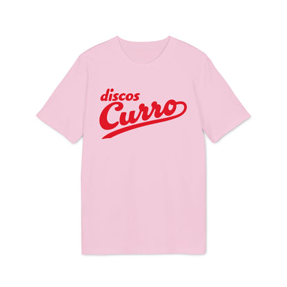 A light pink short-sleeved t-shirt features red cursive text reading "discos Curro" on the chest.