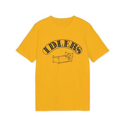 Gold short-sleeved t-shirt with black graphic of a person sleeping in bed below arched IDLERS text.