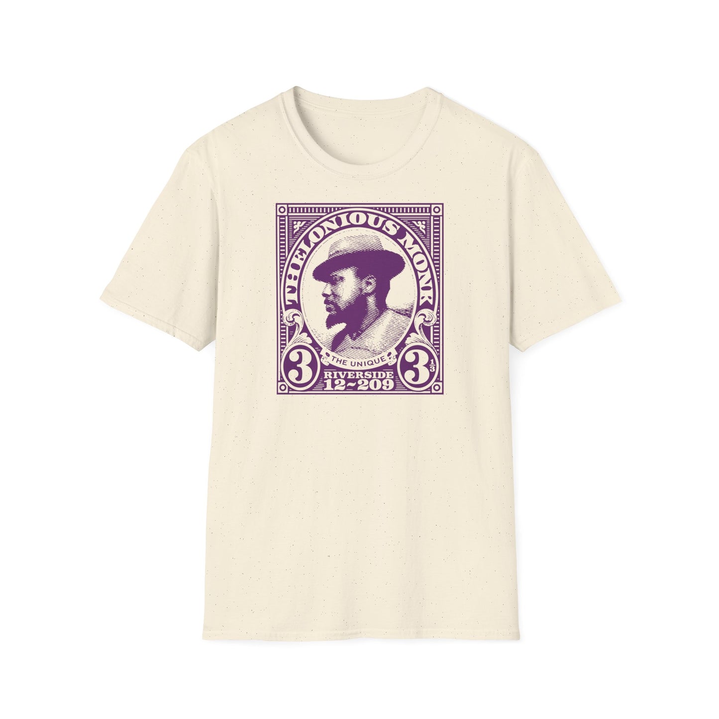 Thelonious Monk portrait with text "The Unique Riverside 12-209" on a cream t-shirt.