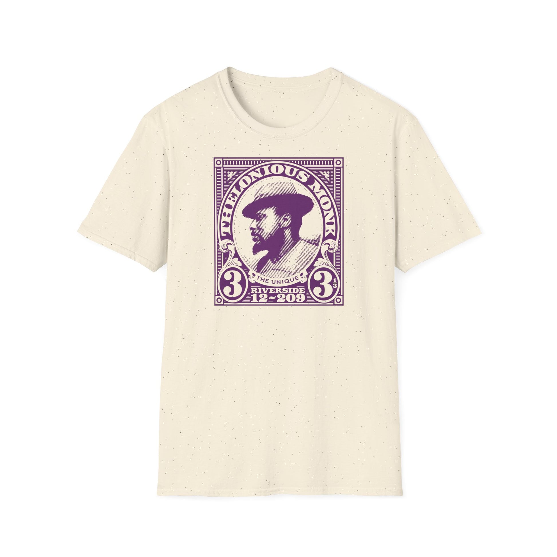 Thelonious Monk portrait with text "The Unique Riverside 12-209" on a cream t-shirt.