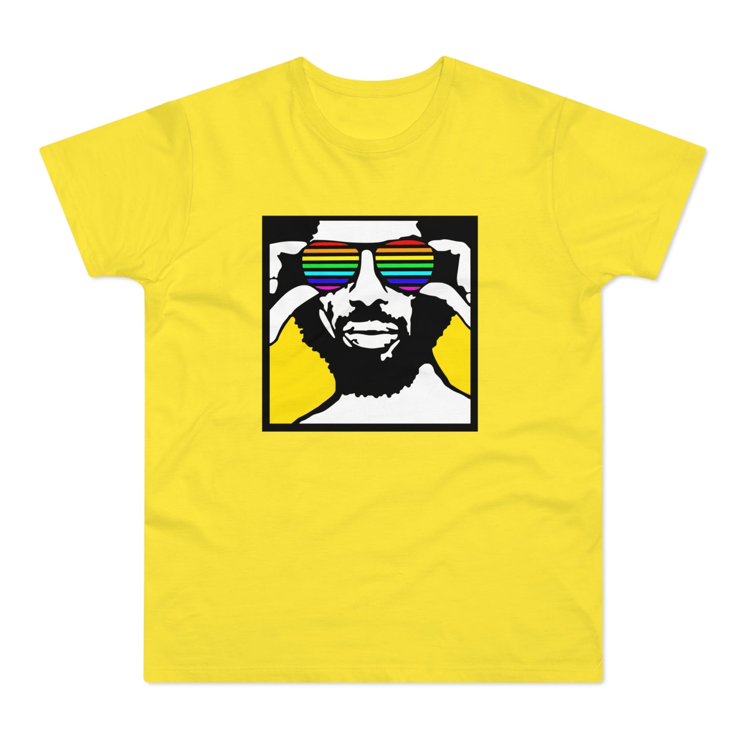 Black and white illustration of a man wearing rainbow sunglasses on a yellow t-shirt.
