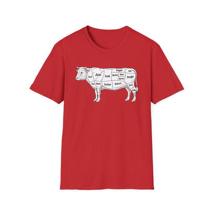 Red t-shirt with a diagram of a cow labeled with music genres.