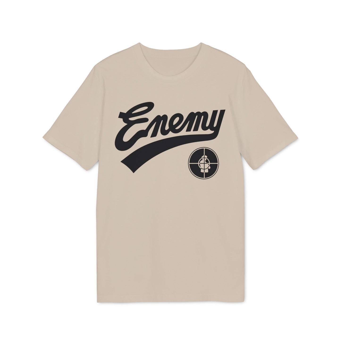 Light tan t-shirt with black "Enemy" text and a target logo.