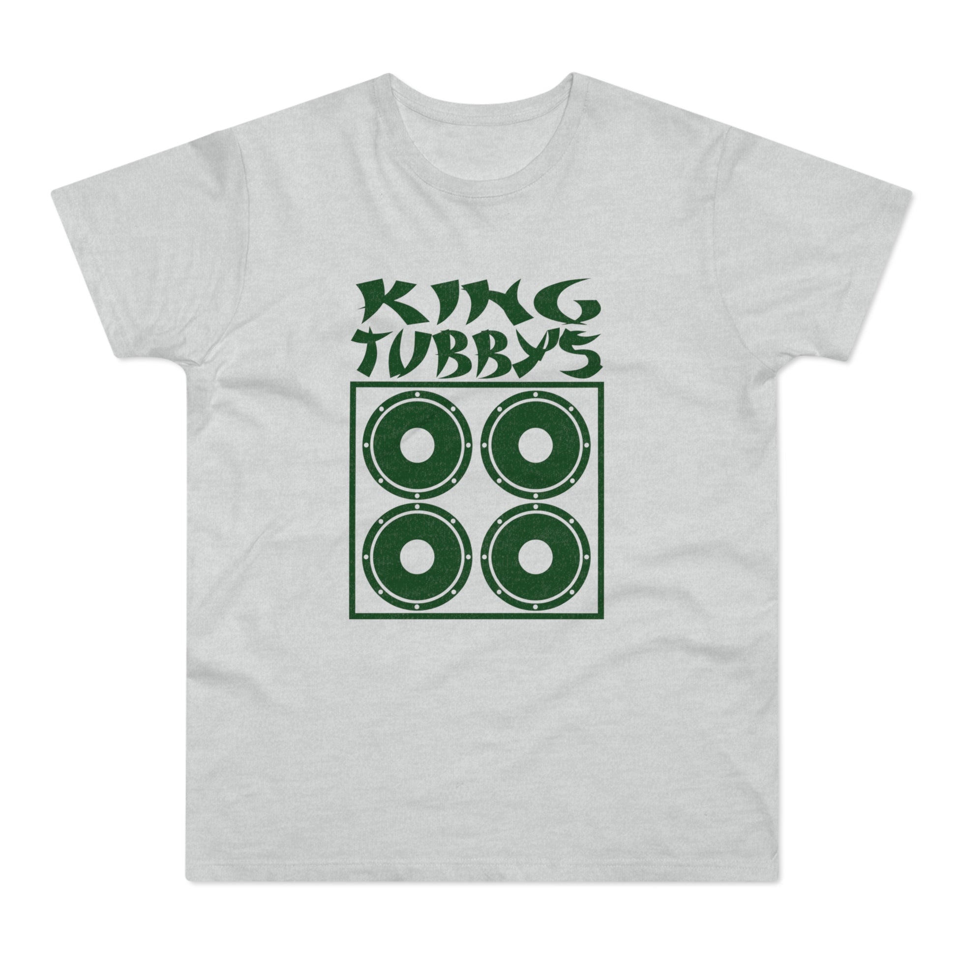 T-shirt with text "KING TUBBY'S" above a graphic of four speakers.