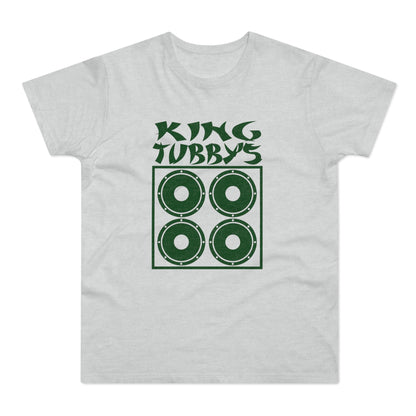 T-shirt with text "KING TUBBY'S" above a graphic of four speakers.