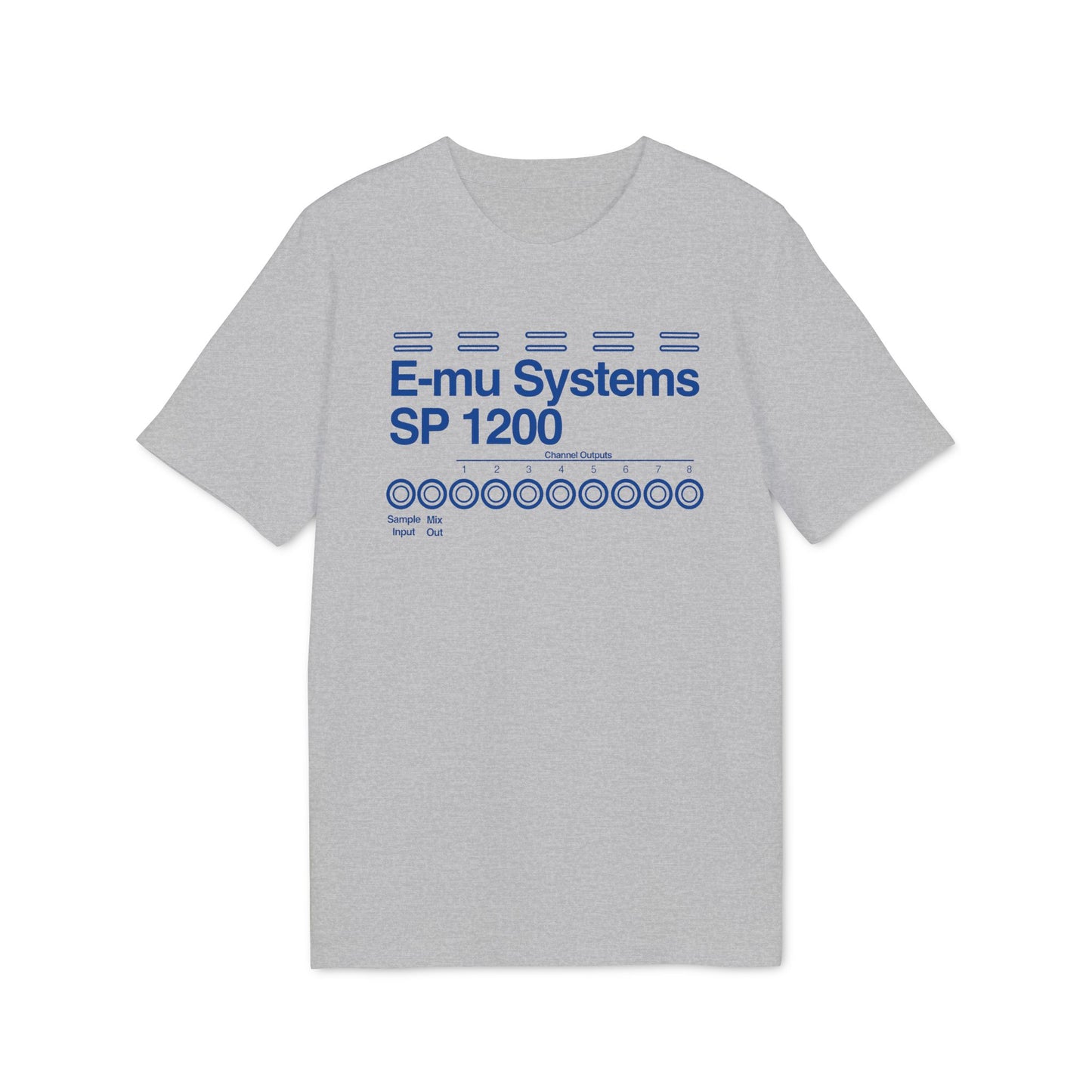 Grey t-shirt with blue E-mu Systems SP 1200 logo and channel outputs.
