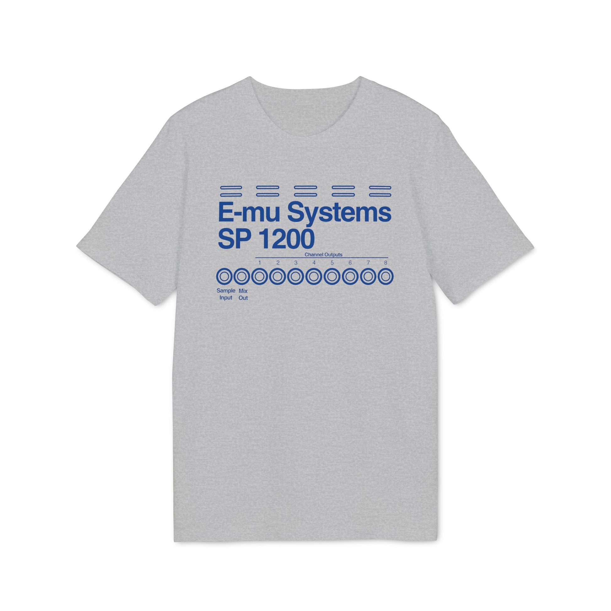 Grey t-shirt with blue E-mu Systems SP 1200 logo and channel outputs.